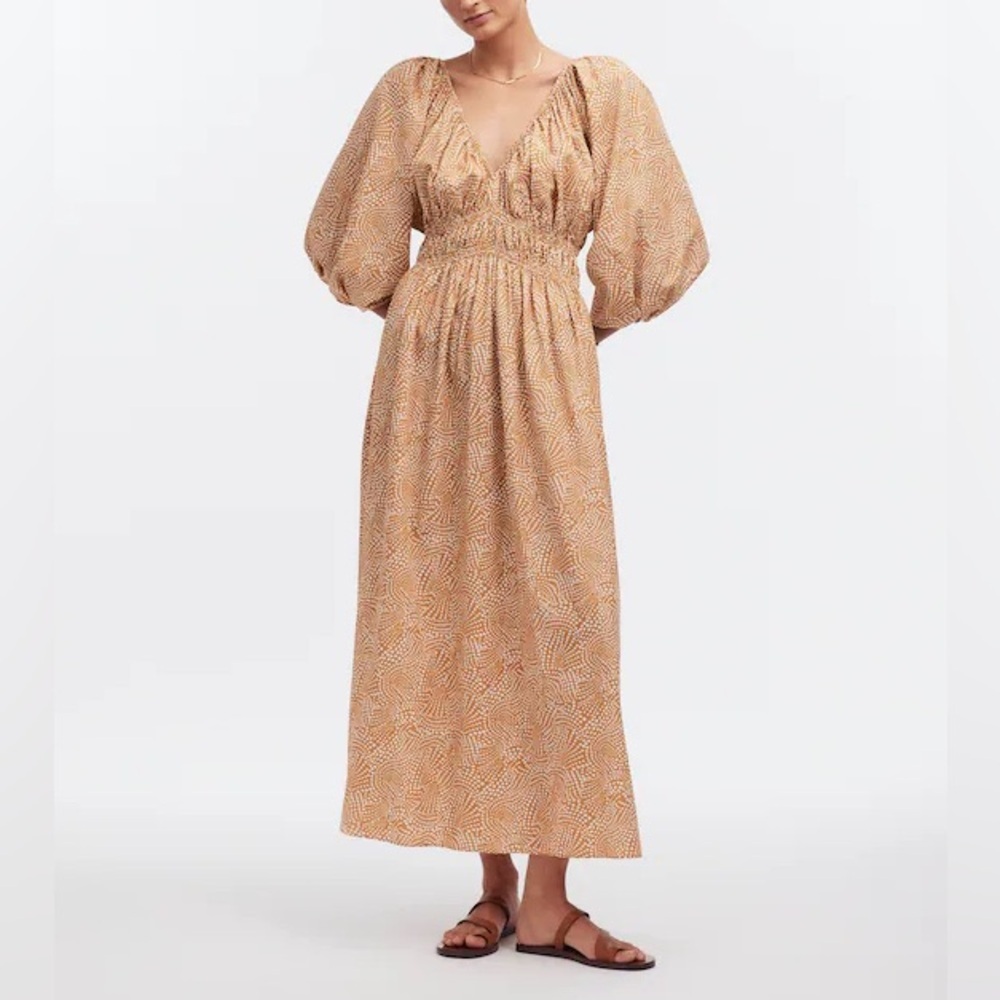 NWOT Madewell V-Neck Balloon-Sleeve Maxi Dress Spiral Dot Khaki Casual Women 00